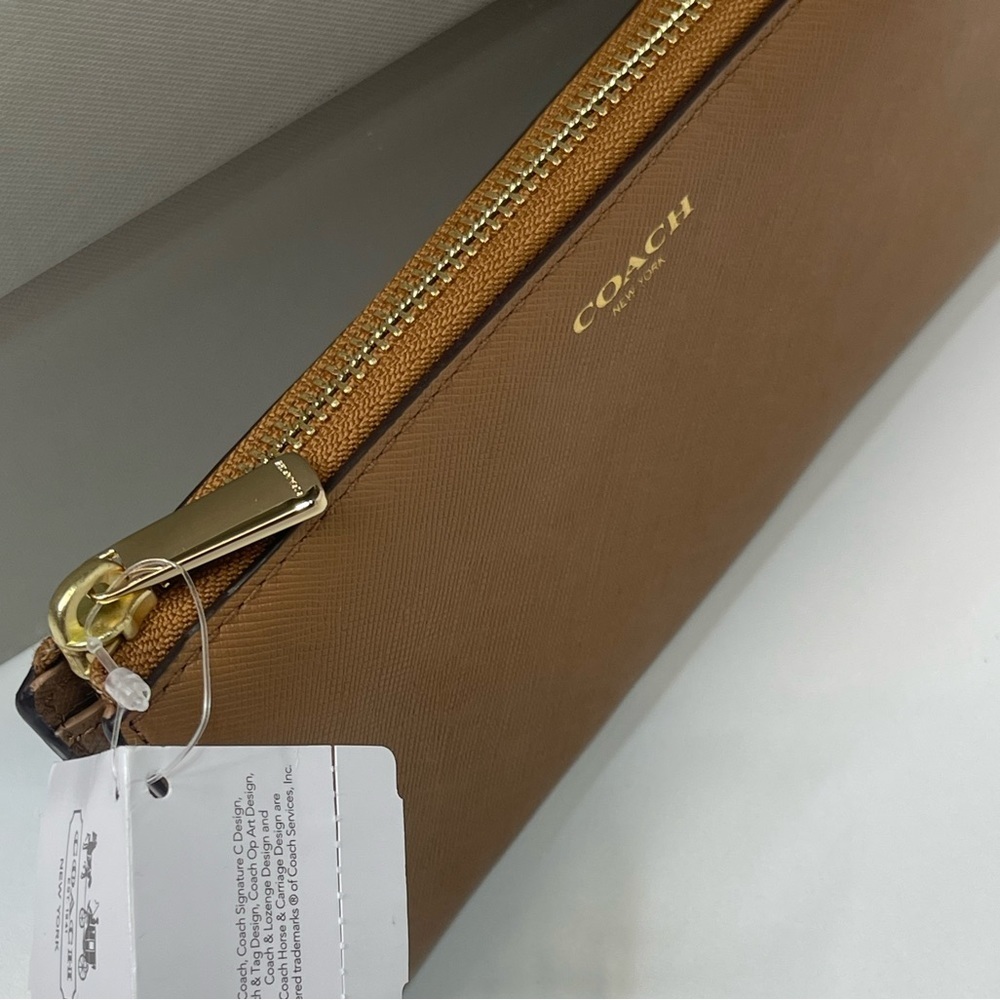 COACH Retail Tan Brindle Brown 3/4 Zip Credit Card Long Wallet Gold Hardware NWT